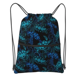 Dark Blue Sea Turtle Drawstring Bags Drawstring Gym Bag Waterproof Drawstring Backpack with Zipper Pocket for Kids Adults Beach Swimming Pool School Bag