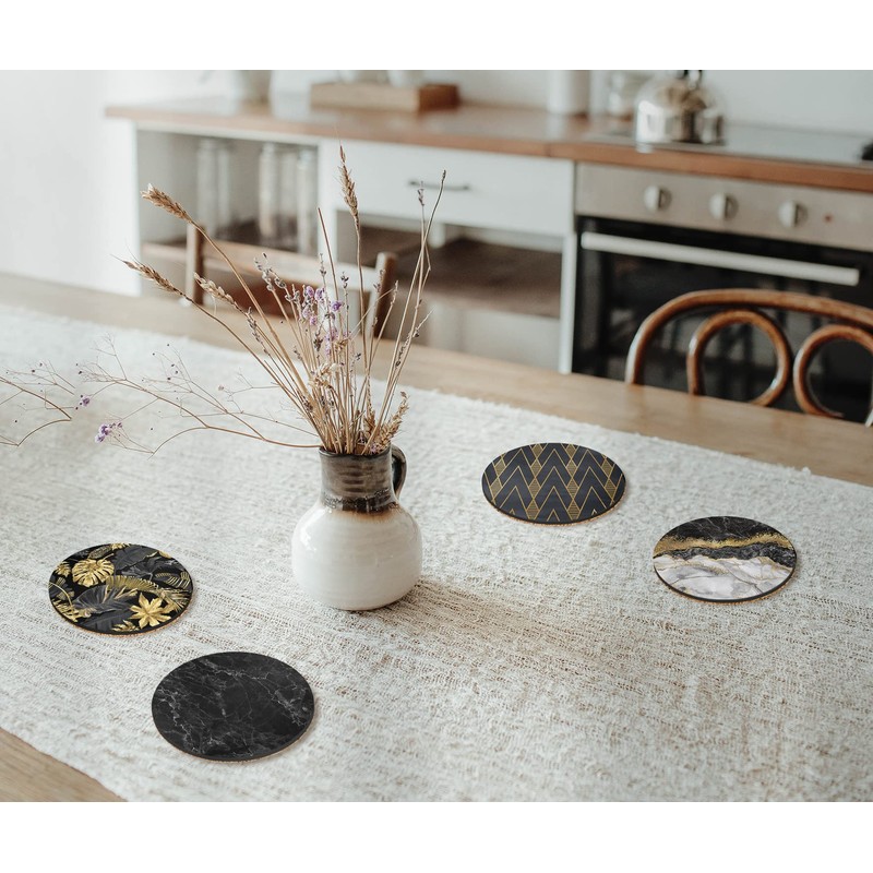 4 x Round Art Deco Coasters - Gold Black Abstract