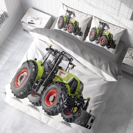 3D Bed Linen Green Tractor Duvet Cover Set, Farmer 135 x 200 cm + Pillowcase 80 x 80 cm, Tractor, Reversible Bed Linen, 2 Pieces, Green, White, Grey with Zip Closure