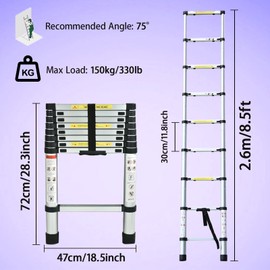 Telescopic Ladder Aluminum Extension Telescoping Ladder EN131 Standard Attic Collapsible Ladder Adjustable Height Easy to Carry for Roofing Business Household Use RV Indoor Outdoor Work (2.6M/8.5FT)