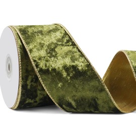 Olive Green Wired Velvet Christmas Ribbon, 2.5 inch Wide Green and Gold Wired Ribbon for Christmas Tree Ornaments Gift Wrapping 10 Yards Long Vintage Velvet Ribbon for Garland, Home Decor Topper Bows