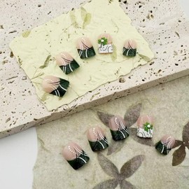 St. Patrick's Day Press on Nails Short Square French Tip Fake Nails with White Green French Rhinestone Four-Leaf Clover Design Shamrock Glitter Full Cover Tips Stick on Nails for Women Girls 24Pcs