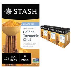 Stash Tea Turmeric Chai Herbal Tea - Naturally Caffeine Free, Non-GMO Project Verified Premium Tea with No Artificial Ingredients, 18 Count (Pack of 6) - 108 Bags Total