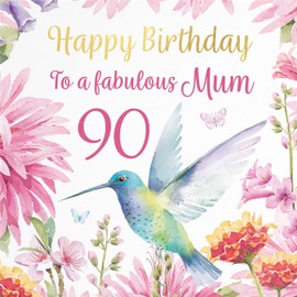 Hunts England - 90th Mum Hummingbird Birthday Card - With Gold Foil - Pretty Flowers - Age 90 Card For Mum - Milo's Gallery - Age Ninety Floral Birthday Card - For Mum