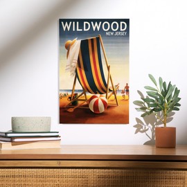Lantern Press 12x18 Inch Premium Wood Sign, Ready to Hang Wall Decor, Wildwood, New Jersey, Beach Chair and Ball