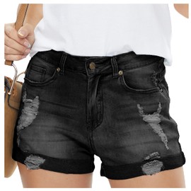 YOCUR Women High Waisted Boyfriend Stretchy Cuffed Jeans Shorts Ripped Distressed 2025 Summer Dressy Denim Casual Business Shorts Black L