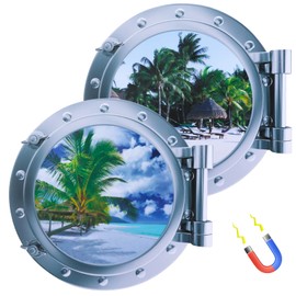 2pcs Cruise Door Magnets, Porthole Cruise Ship Door Decorations with Sea Beaches Palm Trees Summer Style Scenery Cruise Magnets for Door, Fridge, Car, Carnival Cruise Ship Decor