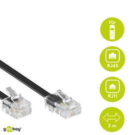 Goobay 68530 Telephone Cable RJ11 Male to RJ45 Male Flat Cable RJ11 Cable for Fax Machine DSL Modem VDSL Router Cable ISDN DSL Cable Black 3 m