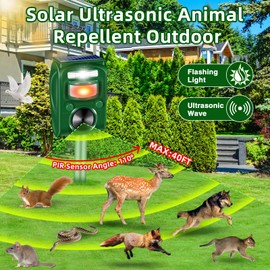 2 Pack 2025 Animal Repellent Ultrasonic Outdoor Solar Deer Repellent Devices Motion Detection Cat Raccoon Squirrel Skunk Dog Rabbit Deterrent for Yard Waterproof Animal Repeller Strobe Light for Farm