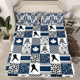 Ice Hockey Twin Sheets Buffalo Plaid Decor,Pucks Sports Ball Games Fitted Sheet for Boys,Sports Themed Bedding Sets for Hockey Player,Navy Blue Checkered Bed Set with 1 Pillowcase (No Top Sheet)