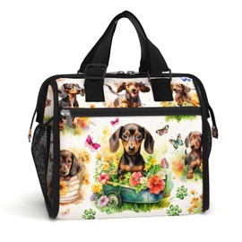 84hoods Insulated Lunch Bag for Women. Large Lunch Box for Work Office Travel Picnic with Adjustable Strap. Gift for Dachshund Lovers Owners. Flowers Garden.