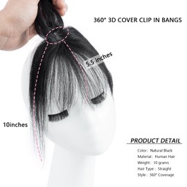 DILUSILK 100% Real Human Hair Toppers with Bangs 360° 3D Coverage Clip in Bangs for Women Bangs Hair Clip with Fringe Hairpieces for Daily Wear Natural Black
