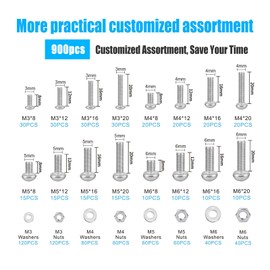 Nuts and Bolts Assortment Kit, AETTL 900 pcs Stainless Steel Metric Assorted M6 M5 M4 M3 Machine Screws Set Phillips Drive Pan Head with Flat Washers