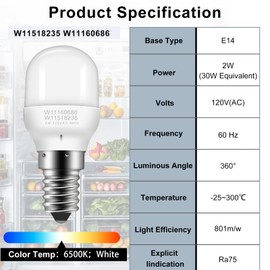 PMIIO Upgrade W11518235 W11160686 Refrigerator LED Lamp Light Bulb Replacement Compatible with Whirl-Pool May-tag Ken-More 120V 2W Freezer Light Bulbs Replaces W10473925 W10865839 AP7014645 PS16555179