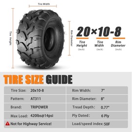 TRIPOWER ATV/UTV Tires 20x10-8 All-Terrain 20x10x8 Off-Road Mud Lawn-Mowers Tires, 6PR, Set of 2