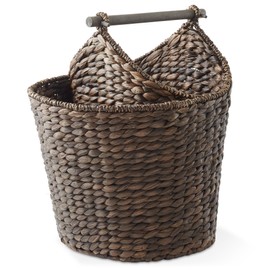 Casafield Toilet Paper Roll Storage Basket with Magazine Holder, Espresso - Woven Water Hyacinth Wicker Bathroom Bin for Bath Tissue and Toiletries