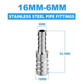 ERGAOBOY 5 Pcs 304 Stainless Steel Pipe Fitting 16MM to 6MM Reducing Hose Barb Adapter, Barb Splicer Union Mender Coolant Intercooler Connector for Water Fluid Air