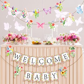 VitalCozy Wildflower Baby Shower Banner Decorations for Girls Butterfly Flower Birthday Decor, Butterfly Floral Baby Banners for a Little Wildflower Is on Her Way Party and Flower Themed Events