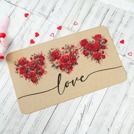 ONWAY Valentine's Day Door Mat Valentines Rose Hearts Love Decorative Doormat Farmhouse Low-Profile Floor Rug Switch Mat for Home Indoor Outdoor 17 x 29 Inch
