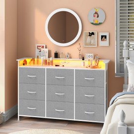 EXOTICA Gray Dresser with LED Light for Bedroom 9 Drawer Dresser with Charging Station Dressers & Chests of Drawers for Entryway Closet Kids Room Hallway Sturdy Steel Frame Wooden Top Easy Pull Handle