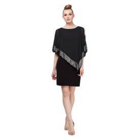 S.L. Fashions Women's Foil Cape Chiffon Dress, New Black and Silver, 14