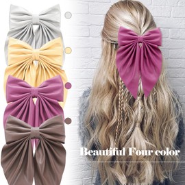 Bow Hair Clips for Women Large Faux Leather Hair Bows PU Hair Ribbon Clips with Long Tail Big Bow Metal Barrettes Hair Accessories for Women with 4PCS