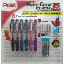 Pentel Twist Erase Click Contains (6) 0.7mm Automatic Pencils, (6) Extra Long Eraser Refills & (3) Tubes of 12 count lead), 1 lb