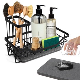 Sink Organiser, Black, Sponge Holder, Sink, Kitchen Organiser Sink with Instant Quick Drying Mat, Stainless Steel Kitchen Organiser Accessories, Sink Caddy with Removable Brush Holder, Dish Cloth