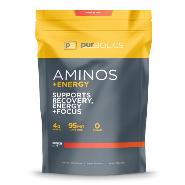 Purbolics Aminos + Energy | Supports Recovery, Energy & Focus | 95mg of Caffeine, 0 Calories & 60 Servings (Punch Out)