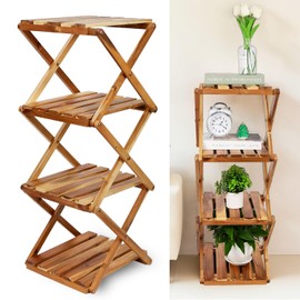 BEEFURNI Acacia Plant Stand Indoor Corner, Wooden Outdoor 4 Tier Corner Planter Stand, Foldable Shelf Display, Tall Plant Bench for Succulent, Easy Assembly, Window Decor, 1-year Manufacturer Warranty