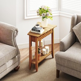 Giantex Wedge End Table, Triangle Side Table with Storage Shelf and Solid Wood Legs, 24.5" Tall Nightstand, Modern Narrow Accent Recliner Table for Small Space Living Room, Walnut