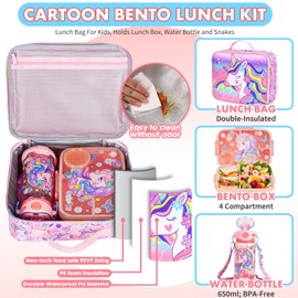 Kids Bento Lunch Box Set with 1200ml Leak-Proof Lunch Containers with 3 Compartments, 22oz BPA-Free Water Bottle, Insulated Lunch Bag for Back to School Kids Girls Boys