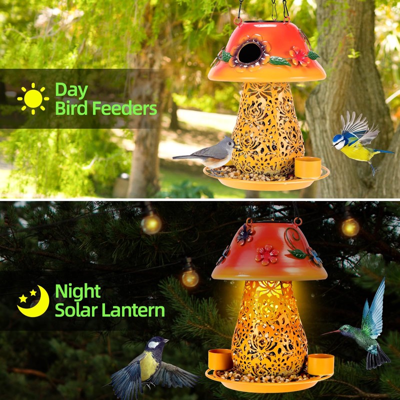 Mushroom Solar Bird Feeders for Outdoors Hanging Metal Wild Bird