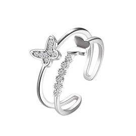 Dainty Butterfly Ring for Women Teen Girls Silver Rose Gold Double Butterfly Ring Adjustable Crystal Butterfly Knuckle Ring (Silver)