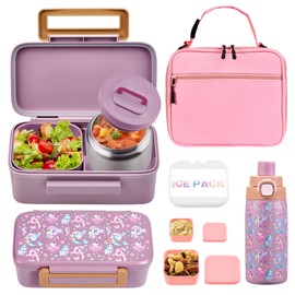 MAISON HUIS Bento Box for Kids with 8oz Soup Thermo, Insulated Lunch Bag & 17oz Water Bottle, 2-Compartment Bento Box with Built-In Ice Pack, Leak-Proof & BPA-Free