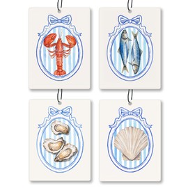 Exqcom Blue Coquette Bow Beach Car Air Freshener 4 Pcs, Coastal Crawfish Fish Oyster Seashell Hanging Scents Air Freshener for Women Girls Gifts, Preppy Beachy Scented Car Accessories Decor for Room