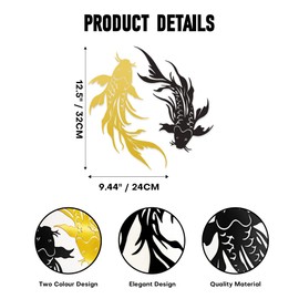 Xedatric Koi Fish Metal Wall Art–Yin Yang Japanese Wall Decor with Harmonious Black & Gold Design–Elegant Koi Fish Decor for Zen Spaces