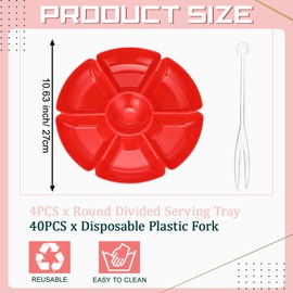 Zhehao 4 Pcs Sectional Round Plastic Serving Tray Party Divided Tray with Disposable Fork, 10.6 Inch 7 Section Snack Food Platter Nut Candy Veggie Fruit Dish Platter(Red)