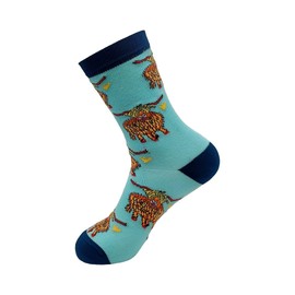 ECO CHIC Womens Bamboo Socks Breathable Hot and Cold Weather UK 4-8 Single Pair (Highland Cow Blue)