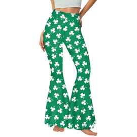 Seizesoul St Patrick's Day Bell Bottom for Women Shamrock Clover Printed Flare Leg Pants