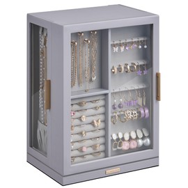 Glimmloop 360° Rotating Jewelry Box with 7 Drawers, Spacious Vertical Jewelry Organizer with Glass Window, Jewelry Storage Case, Dustproof & Moisture-resistant Design, Grey