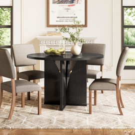 LITTLE TREE 39-Inch Dining Table for 4, Rustic Kitchen Table, Round Dining Table with X-Shaped Stable Pedestal, Farmhouse Dinner Table for Dining Room, Living Room, Black