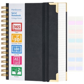 Spiral Notebook, 365 Page Hardcover Leather Notebook Journal, Large A5 Lined Journal for Women Men, College Ruled Notebooks for Work School, Journals for Writing, 24pcs Index Tabs, 5.5" x 8.5", Black