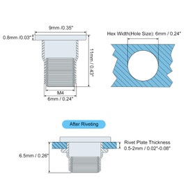 sourcing map M4 60 Pieces Half Hexagonal Body Rivet Nuts 304 Stainless Steel Flat Head Thread Insert Nuts for Metal Plastic