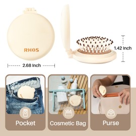 RHOS Compact Foldable Hair Brush with Mirror for Women, Men & Kids - Small Pocket & Portable Travel Brush (Beige)