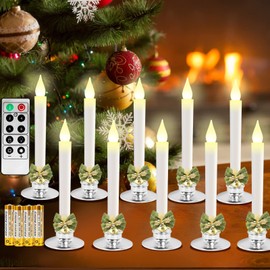 Kithouse Christmas Window Candles Lights with Timer Battery Operated Electric LED Taper Candles Flameless,Sliver Candlestick, Suction Cups,20 PCS Battery Included,Christmas Bow& Gift Box