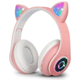Sendowtek Auriculares Inalámbricos con Orejas de Gato - Bluetooth 5.0, Micrófono, Plegables, LED, Over-Ear, Hi-Fi para Juego/Música/PC/Celular (Rosa)