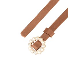 Allegra K Womens Plus Size Waist Belts Pearl Narrow Leather Adjustable Belt for Jeans Dresses Pants 105cm/41.33" Camel