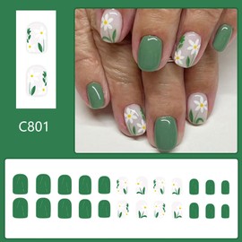Cute White Flower Press on Nails Green Solid Color Fake Nails Short Square Spring Summer Glue on Nails Glossy Acrylic Stick on Nails for Women DIY Manicure