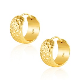 Gold Earrings Small Hoop for Women, Small Wide Huggie Hoop Sterling Silver Small Hammered Hoop Earrings Hypoallergenic Chunky Wide Gold Huggie Hoop Earrings Lightweight Hoops Women Girls